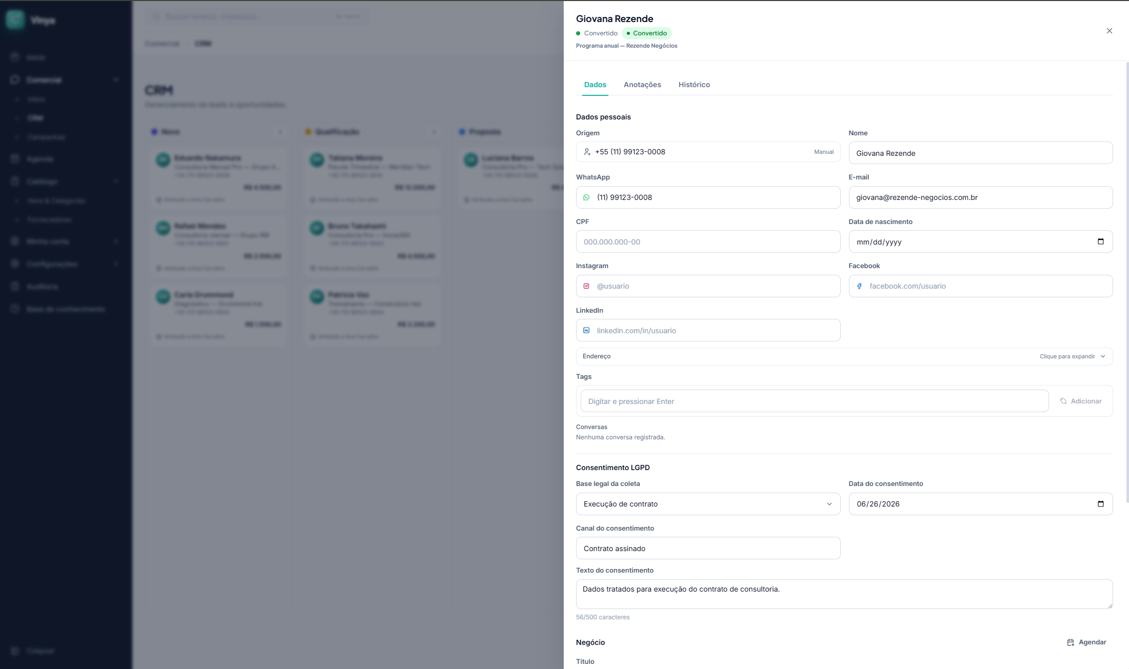 Detalhes do lead no CRM